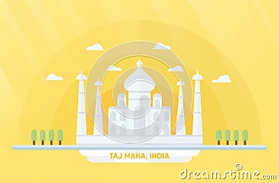 India landmarks for travelling with Taj mahal and trees. Vector Vector Illustration