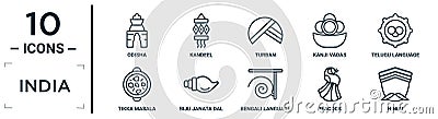 india linear icon set. includes thin line odisha, turban, telugu language, biju janata dal, peacock, hindu, tikka masala icons for Vector Illustration