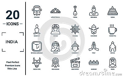 india linear icon set. includes thin line ricksaw, buddhist, bengali language, indian cow, indra, rangoli, odisha icons for report Vector Illustration