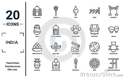 india linear icon set. includes thin line taj mahal, ugadi, indian sweets, kalasha, marathi language, indian cow, yakshagana icons Vector Illustration
