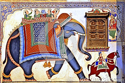 India, Mandawa: colourful frescoes Stock Photo