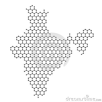 India map from abstract futuristic hexagonal shapes, lines, points black, in the form of honeycomb or molecular structure. Vector Cartoon Illustration