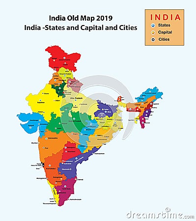 India map 2019. India old map with States capital and cities name. popular cities in India Vector Illustration