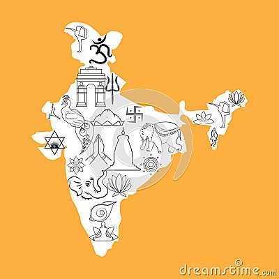 India map outline cultural spiritual symbols doodle saffron Vector Illustration