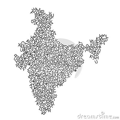 India map from pattern of black latin alphabet scattered letters. Vector illustration Cartoon Illustration