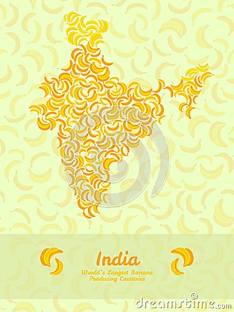 India map poster or card. Banana illustration. Healthy food postcard. Vector Illustration