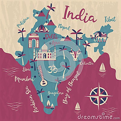 India map, vector flat illustration, Elephant, cow, sitar, palm tree, city. Vector Illustration