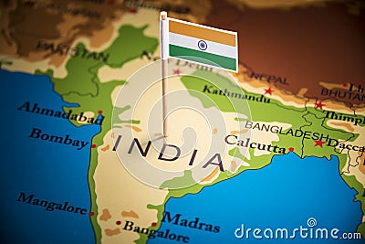 India marked with a flag on the map Stock Photo