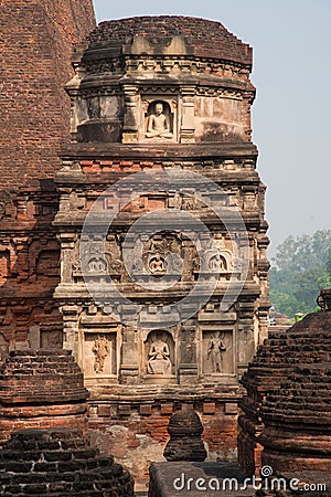 INDIA, NALANDA. Decorated Stupa of the main temple Vector Illustration