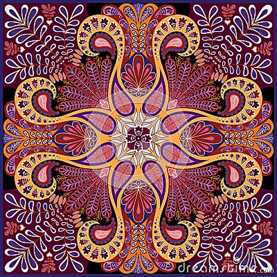 India vector paisley pattern, decorative ornament for textile, wrapping or bandana decor. Bohemian style kerchief design Vector Illustration