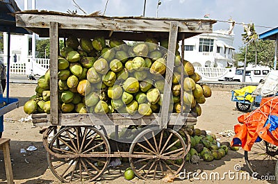 India, Puducherry, coconuts fruits in wagon on sale Stock Photo