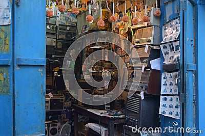 In India a radio mechanic store that stores vintage radios and musical parts. Editorial Stock Photo