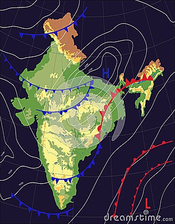 India. Realistic synoptic map of the India showing isobars and weather fronts. Meteorological forecast on a dark background. Cartoon Illustration