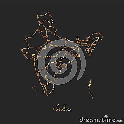 India region map: golden gradient outline on dark. Vector Illustration