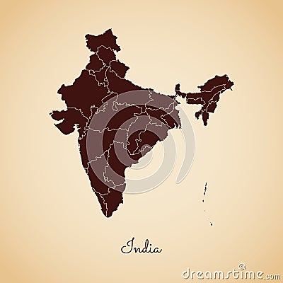 India region map: retro style brown outline on. Vector Illustration