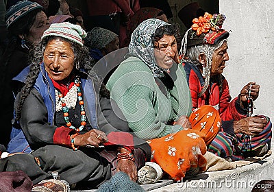 India, Religion, Mountains, old women, costumes, ethnic, buddhism, tibet, prayer, temple, travel, tradition Editorial Stock Photo