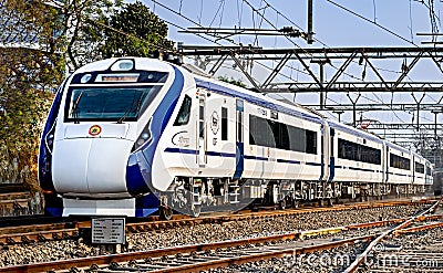 India's first indigenous development semi high speed Vande Bharat , also known as train 18.express on trial run Editorial Stock Photo