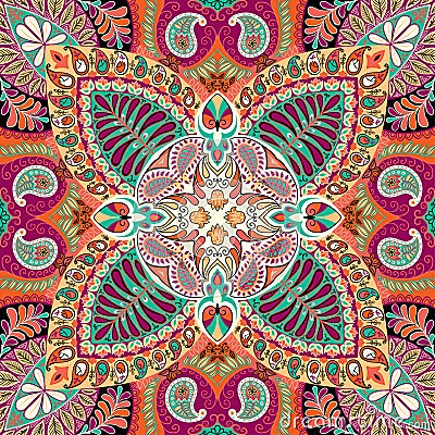 India seamless paisley kerchief pattern, decorative textile, wrapping, decor. Bohemian design Vector Illustration