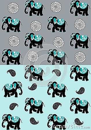 India. Seamless pattern with elephants, paisley and doodle flowers Vector Illustration
