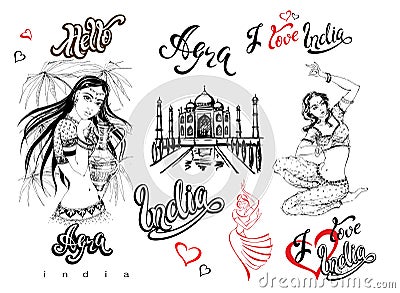 India. Set of elements for design. Agra. Taj Mahal sketch. Indian girls in national costume. Dancer. Stylish lettering. Travel. Fi Stock Photo