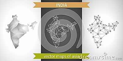 India set of grey and silver mosaic 3d polygonal maps. Graphic vector triangle geometry outline shadow perspective maps Vector Illustration