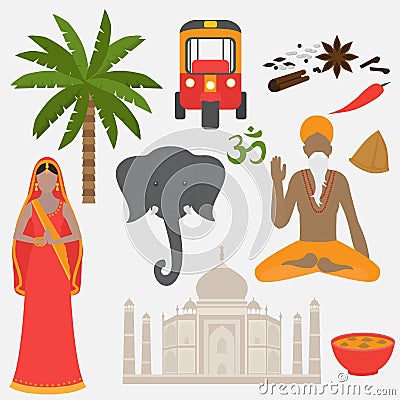 India set. Hinduism design elements. South Asia beautiful woman and man wearing indian traditional cloth. Taj Mahal Temple Stock Photo