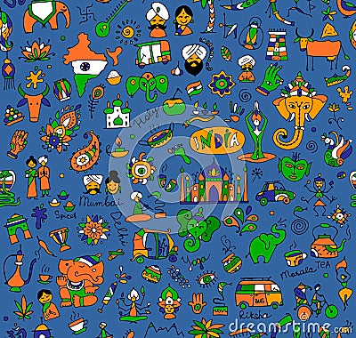 India sketch, seamless pattern for your design Vector Illustration
