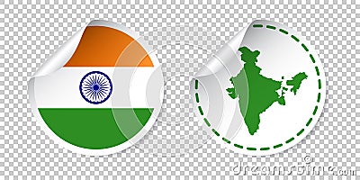 India sticker with flag and map. Label, round tag with country. Vector Illustration