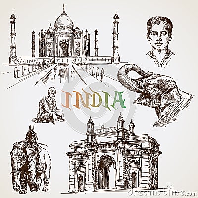 India,Taj Mahal. Hand drawn set. Vector Illustration