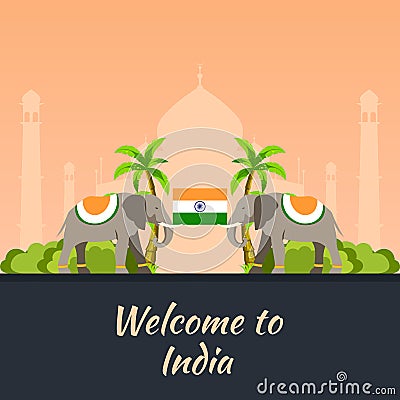 India. Tourism. Travelling illustration Indian. Modern flat design. Indian elephant. Taj mahal, Lotus temple, gateway of India Cartoon Illustration