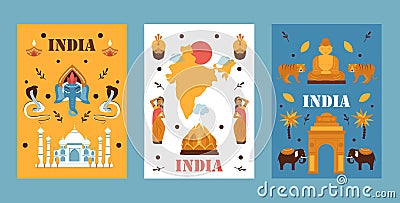 India travel banner, vector illustration. Simple flat design, symbols of Indian culture, tradition, nature and religion Vector Illustration