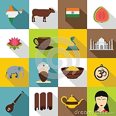 India travel icons set, flat style Vector Illustration