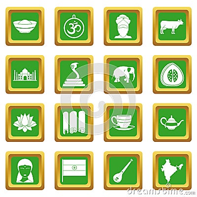 India travel icons set green Vector Illustration