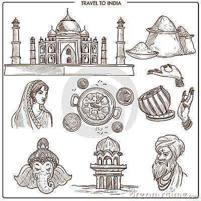 India travel landmarks and vector symbols sketch Vector Illustration