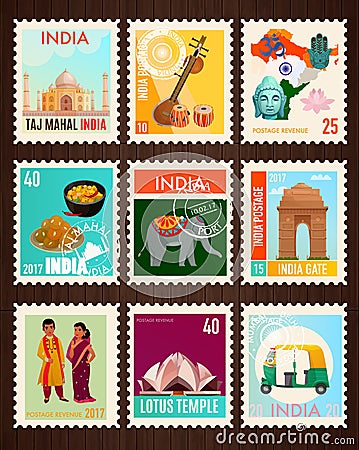 India Travel Stamp Cards Vector Illustration