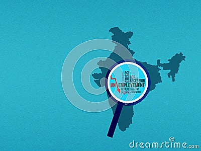 India unemployment concept, India map with typography, economic crisis isolated on blue background illustration, Cartoon Illustration