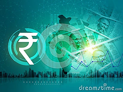 India Union Budget, Indian economy, finance background, Indian rupee blue abstract background with Indian map and rupee symbol, il Cartoon Illustration