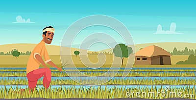 Indian agriculture working. Farmer harvesting in field asia vector background in cartoon style Vector Illustration