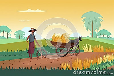 Indian agriculture working. Farmer harvesting in field asia vector background in cartoon style Stock Photo