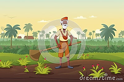 Indian agriculture working. Farmer harvesting in field asia vector background in cartoon style Stock Photo
