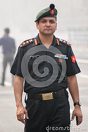 Indian Army Officer preparing for taking part in the upcoming Indian Republic Day parade at Indira Gandhi Sarani, Kolkata, West Editorial Stock Photo