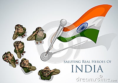 Indian Army soilder saluting falg of India with pride Vector Illustration