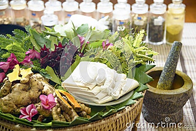 Indian Ayurvedic medicine, herbs and roots. Herbal Bag Massage Stock Photo