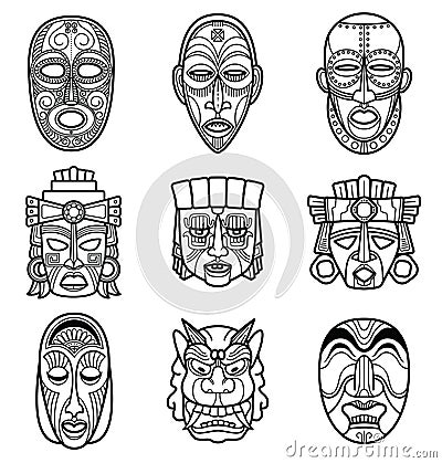 Indian aztec and african historic tribal mask vector set Vector Illustration