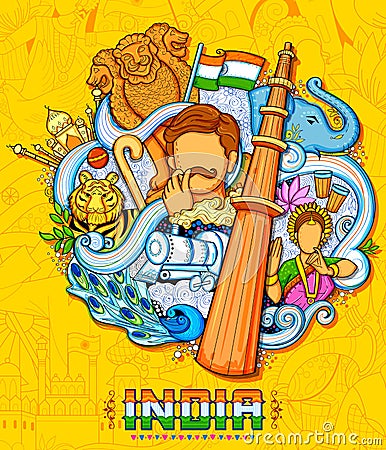 Indian background showing its incredible culture and diversity with monument, dance and festival celebration for 15th Vector Illustration