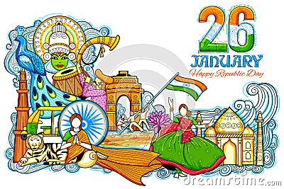 Indian background showing its incredible culture and diversity with monument, festival celebration for 26th January Vector Illustration