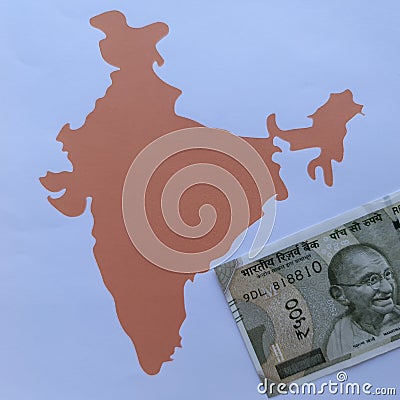 Indian banknote and background with India map silhouette Stock Photo