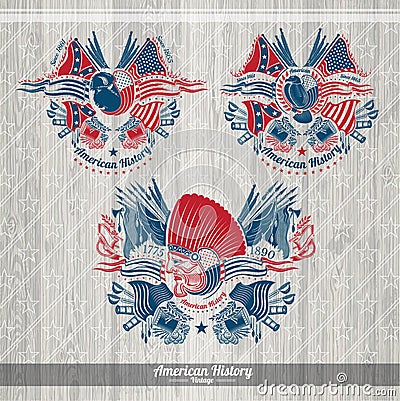 Indian bison and eagle with flags and weapons around. Set american history military banners Vector Illustration