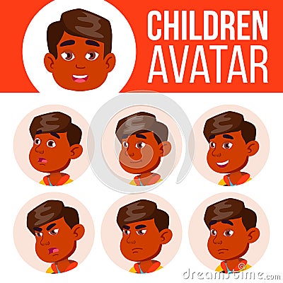 Indian Boy Avatar Set Kid Vector. Kindergarten. Face Emotions. Portrait, User, Child. Junior, Pre-school, Kiddy. Placard Vector Illustration