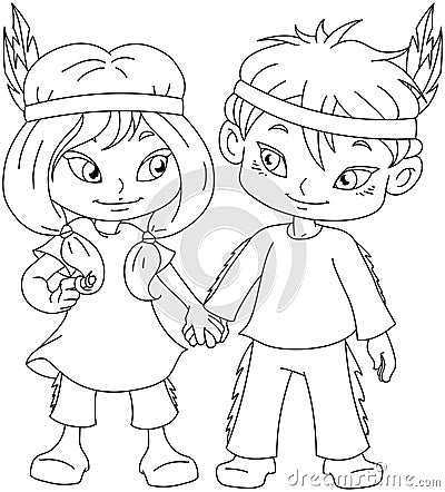 Indian Boy And Girl Holding Hands For Thanksgiving Coloring Page Vector Illustration